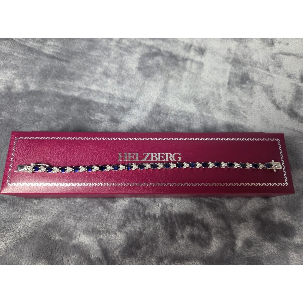 Helzberg Sterling Silver Blue White Sapphire Stones Tennis Bracelet Box READ